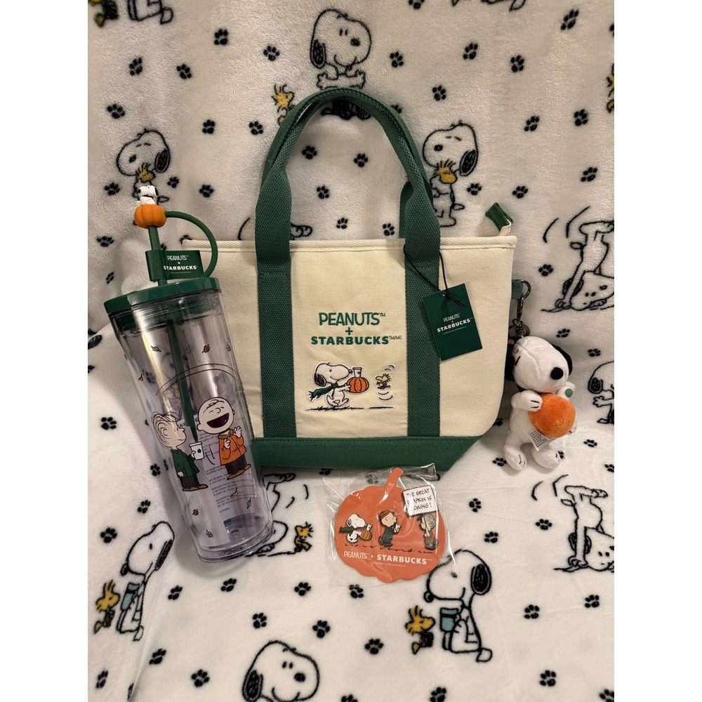 Starbucks x Peanuts Snoopy Mini Tote Canvas Bag Keychain Pins Cold Tumbler NEW